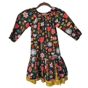 Jelly The Pug Girls 7 Floral Black Cotton Dress Vibrant Cheerful Flowers School